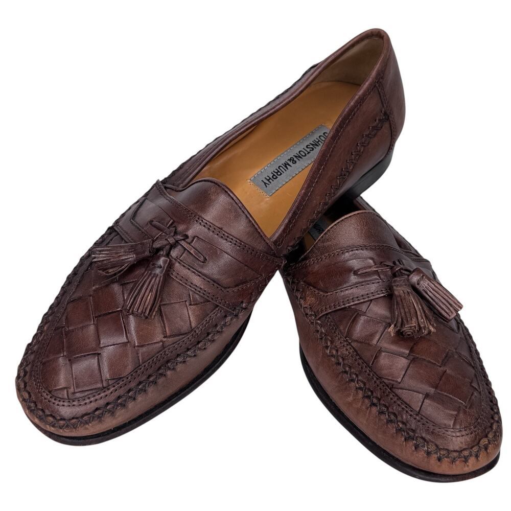 1990s Johnston & Murphy Brown Leather Preppy Woven Tassel Loafers Men’s 10.5M